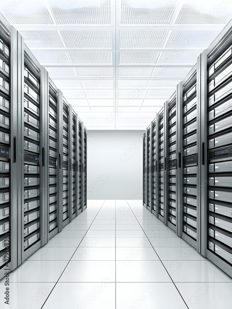 Poster a sleek, well-lit data center with towering server racks, allowing for extensive copy space to add t