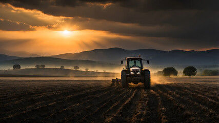 Fototapeta premium A tractor standing in a field with a dramatic sun set in the background