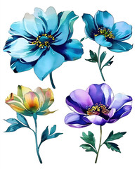 Fototapeta premium set of blue flowers, watercolor background with flowers, grunge background with flowers