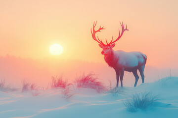 Majestic stag silhouetted against a vibrant sunset in a snowy landscape.