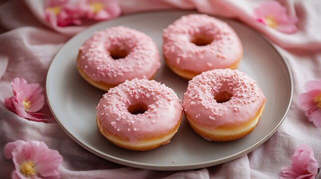 Minimalist top-down image of pastel donuts neatly arranged on a neutral plate, soft fabric background, pale pink petals gently scattered, soft indirect sunlight. Created Using: DSLR with 50mm lens,