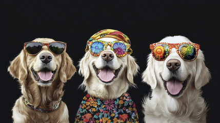 Three cheerful golden retrievers wearing colorful sunglasses and vibrant clothing, exuding fun and groovy vibe