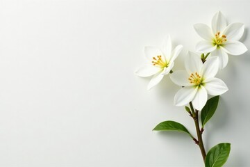 Fototapeta premium Delicate white flower blossoms on pure white backdrop, elegant, background, invitation