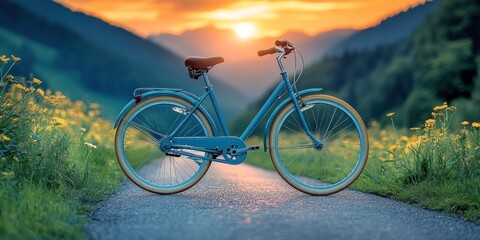 Obraz premium Vintage bike at sunset in a meadow