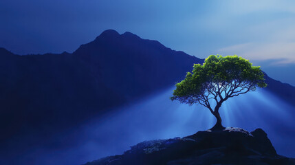 Obraz premium mystical tree stands alone rocky outcrop, illuminated by soft beams of light against dark, mountainous backdrop, evoking sense of tranquility and