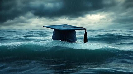 Graduation cap adrift in stormy sea; symbolic of challenges, uncertainty, or struggle; stock photo for educational themes, motivational posters, or social commentary