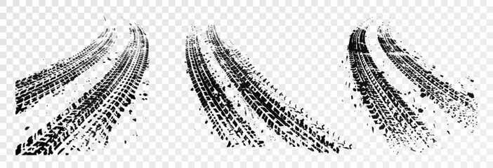 Traces of car, motorcycle tread. Curved realistic traces of tires of wheels from different types of tread vector png. Car wheels on disks.	
