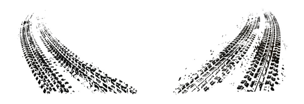 Traces of car, motorcycle tread. Curved realistic traces of tires of wheels from different types of tread vector png. Car wheels on disks.	
