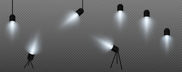 Spotlight, vector light set png, walls, studio light, different colors and shades of realistic light for design, advertising, banner, poster. Light rays and light effect.