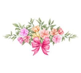 Watercolor flowers bouquet with bow