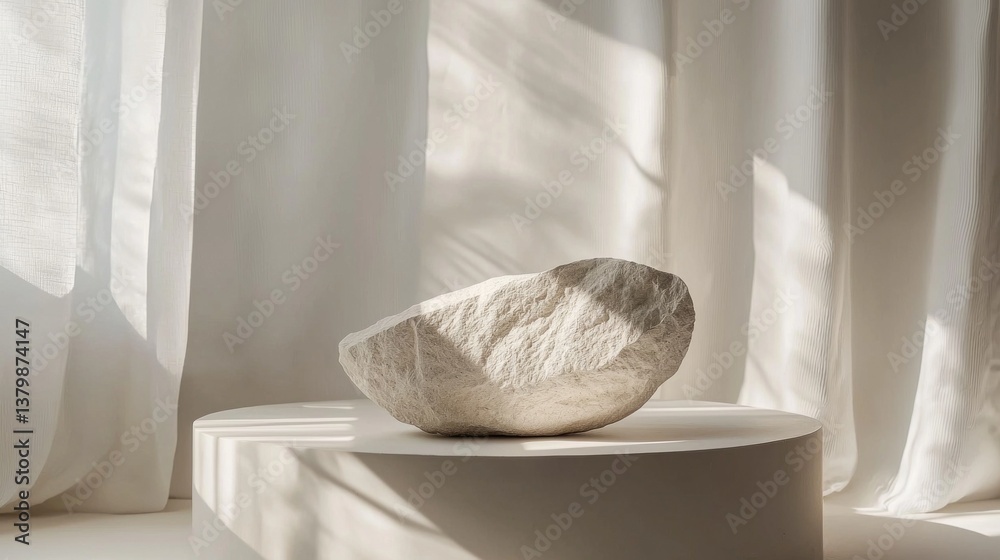 Poster A beautifully crafted podium supports a singular, textured object, perfectly positioned in a tranquil space. Soft, natural light filters through sheer curtains, creating a calming atmosphere