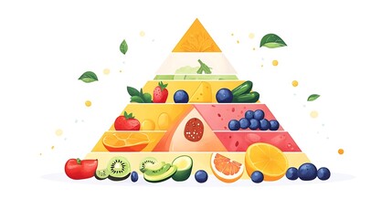 Obraz premium Abstract geometric food pyramid, flat design layout, layered triangular sections in bold pastel colors, icon-based representation of food groups, minimal text labels,