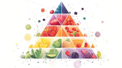 Abstract geometric food pyramid, flat design layout, layered triangular sections in bold pastel colors, icon-based representation of food groups, minimal text labels,