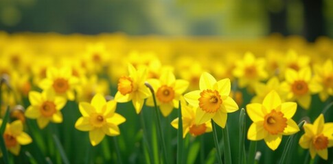 Fototapeta premium A sea of golden daffodils stretches across the landscape, with delicate white centers and slender stems, wildflowers , vibrant flowers, flowers in field