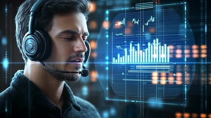 Focused male worker with headset analyzes data, showcasing digital graphs and statistics for in depth analysis and insights. - Powered by Adobe
