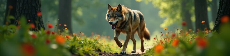 Fototapeta premium A wild wolf's face is contorted in a fierce howl as it runs through the forest, wildlife, running