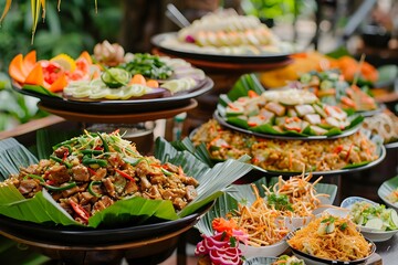 Obraz premium Delicious Asian Cuisine: Savory Dishes, Vibrant Vegetables, and Aromatic Noodles, Served Beautifully on Banana Leaves, A Culinary Delight for Food Lovers.