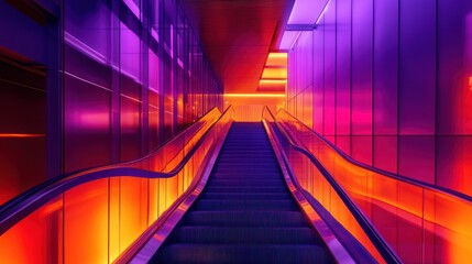 Obraz premium The ascending escalator with vibrant color and modern architecture