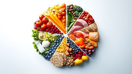 Circular food pyramid infographic, segmented like a pie chart, each slice containing realistic images of food groups — vegetables, grains, protein, dairy, and fruit — on a clean white background.