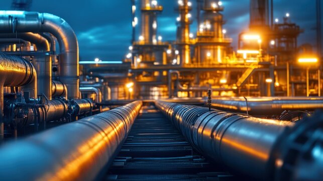 Industrial complex with pipes and illuminated facilities at night