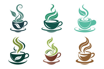 Green Herbal Tea Cup Logos. Organic Beverage Icons with world tea day concept Vector illustration