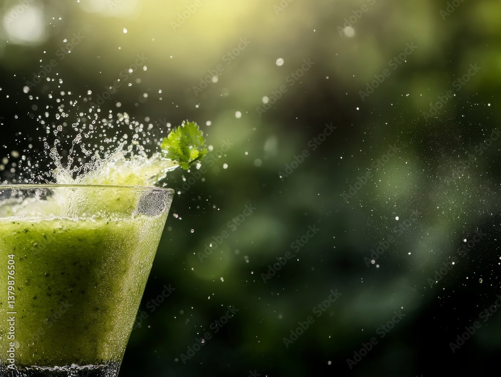 Poster refreshing green smoothie splashing from a glass in a bright outdoor setting