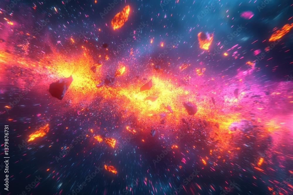 Poster A vibrant and explosive cosmic scene with fiery debris and glowing nebulae, creating a stunning interstellar spectacle of light and color.