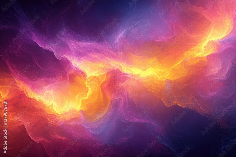 Poster abstract nebula with swirling patterns of orange, yellow, and purple creating a dreamy cosmic scene.