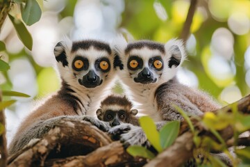 Fototapeta premium Two adult ring-tailed lemurs huddled protectively around a baby lemur, showcasing their distinctive facial features and fur