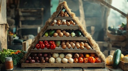 Food pyramid emphasizing sustainability, built entirely of local farm produce, vegetables, grains, and eggs stacked on wooden crates, set in a rustic outdoor farmer's market with burlap textures.