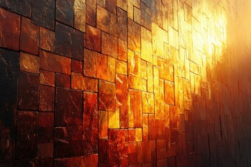 Fototapeta premium Textured brick wall with shades of brown and orange, illuminated by a soft, warm light.