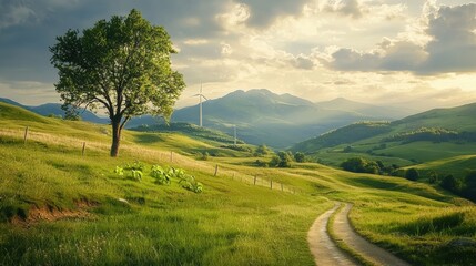 Fototapeta premium Exploring the Intersection of Environmental Sustainability and Green Technology through Innovative Tree Planting on a Hill
