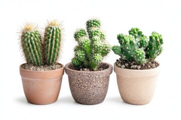 Fototapeta premium Three cacti in decorative pots on white background