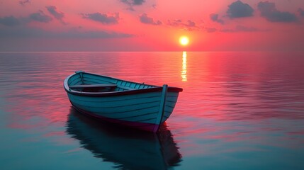 Fototapeta premium Dreamy pastel sunset over a tranquil ocean with a small wooden boat
