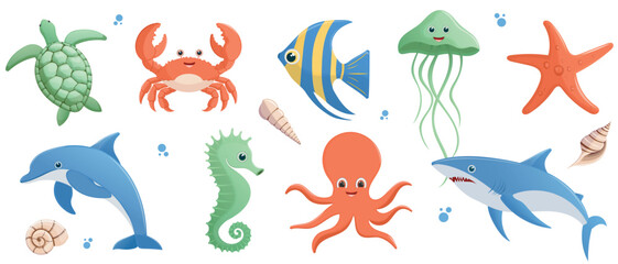 Set with hand drawn sea life elements. Sea animals dolphin, crab, sea turtle, octopus, jellyfish, starfish. Vector cartoon set of marine life objects for your design.