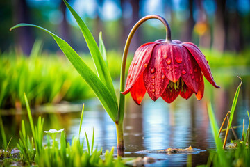 A cup-shaped flower with glossy red petals and a drooping green stem