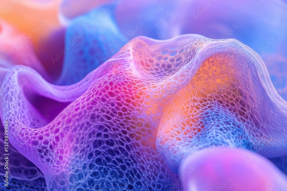 Poster An abstract rendering of a textured surface with a vibrant color palette blending hues of blue, purple, and orange gradients.
