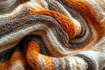 A close-up of a cozy, knitted blanket with a swirling pattern in warm shades of orange, brown, and white.