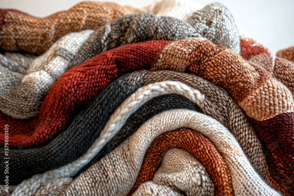 Poster A close-up shot of layered, colorful knitted fabrics, creating a textured and warm visual, perfect for cozy autumn vibes.