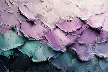 Obraz premium Abstract impasto painting with purple, teal, and dark grey hues, thick brushstrokes creating texture.