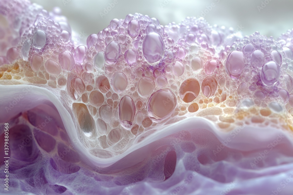 Aufkleber macro view of a cellular structure with iridescent, pink and orange hues, filled with bubbly liquid.