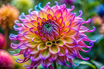 A dahlia with squiggly, crayon-like petals in wild rainbow colors