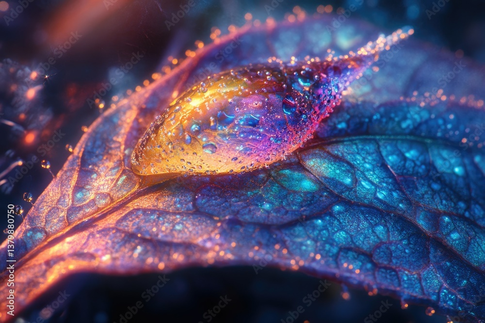 Aufkleber a vibrant, macro image of a dew-kissed leaf, glowing with iridescent colors and intricate textures u