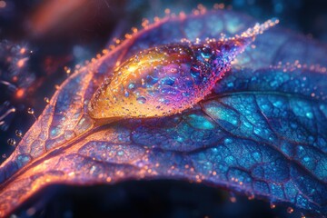 A vibrant, macro image of a dew-kissed leaf, glowing with iridescent colors and intricate textures under soft lighting.