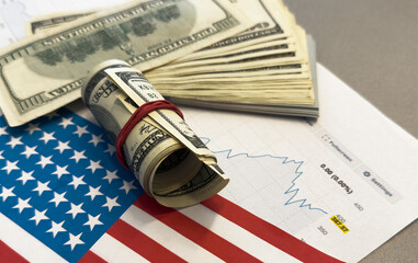 The us dollar against the background of a declining chart. U.S. economy. The economic crisis in...