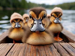 A group of ducklings sitting on top of a wooden dock