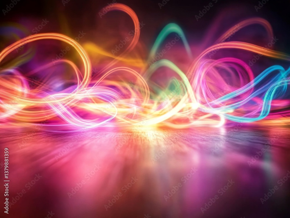 Poster Colorful light trails create a vibrant abstract pattern on a smooth surface during a nighttime display