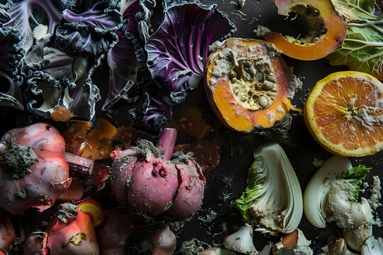 Decaying Fruits and Vegetables: A Study of Spoilage, Rotting Produce, Moldy Citrus, and Spoiled Leafy Greens, Showing the Decomposition Process of Organic Matter with Close-Up Details and Textural Exa