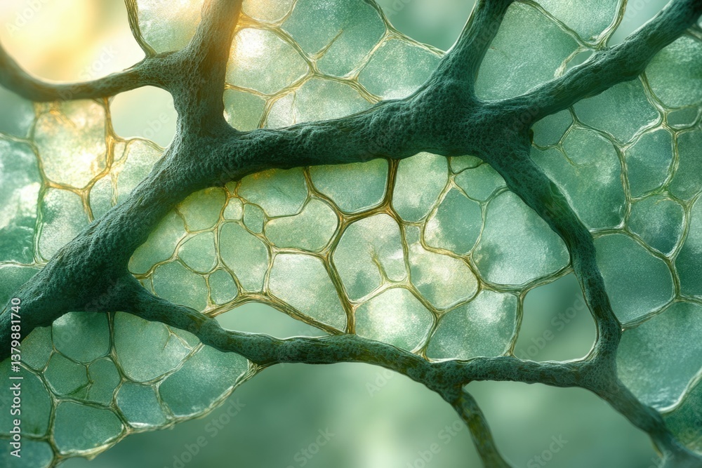 Poster a close-up shot of a branching, vein-like structure against a translucent, cellular-like background,