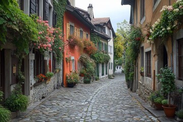 Fototapeta premium Stone street in a traditional village with colorful buildings and greenery